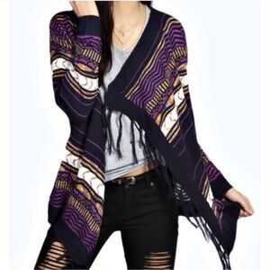 Women’s Purple Patterned Fringe Open Cardigan Sweater NWT